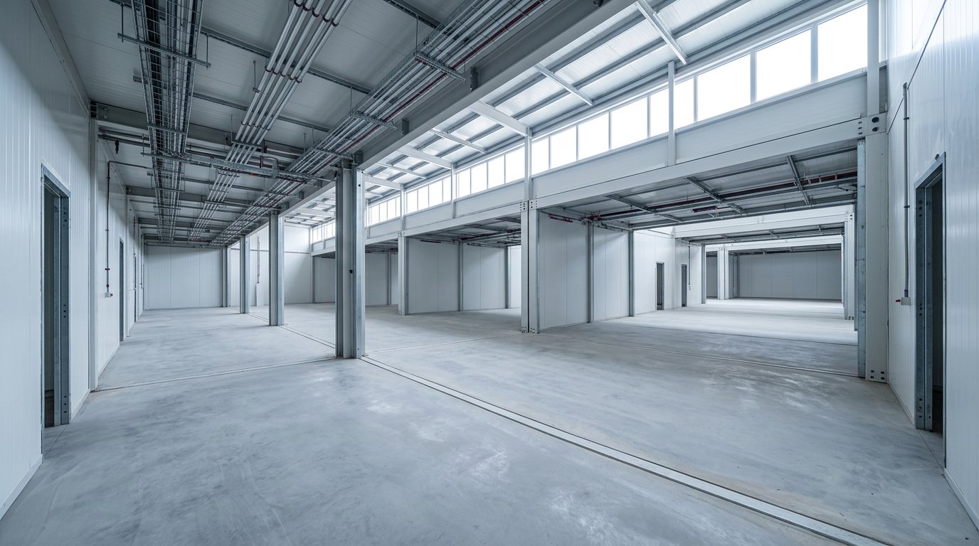 Wide empty interior of connected modular units with white panel walls and unfinished concrete flooring