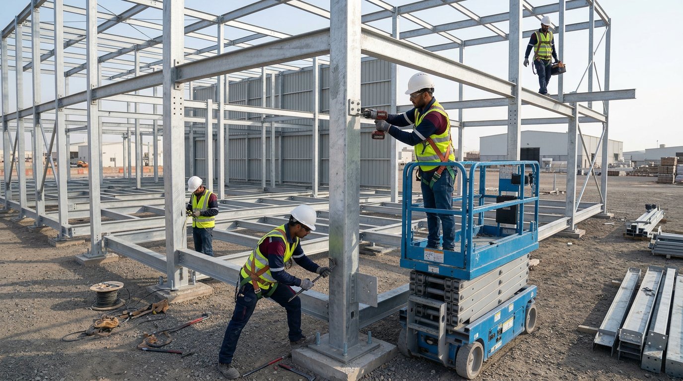 Construction workers in safety gear erecting and aligning steel columns and framework on an open site