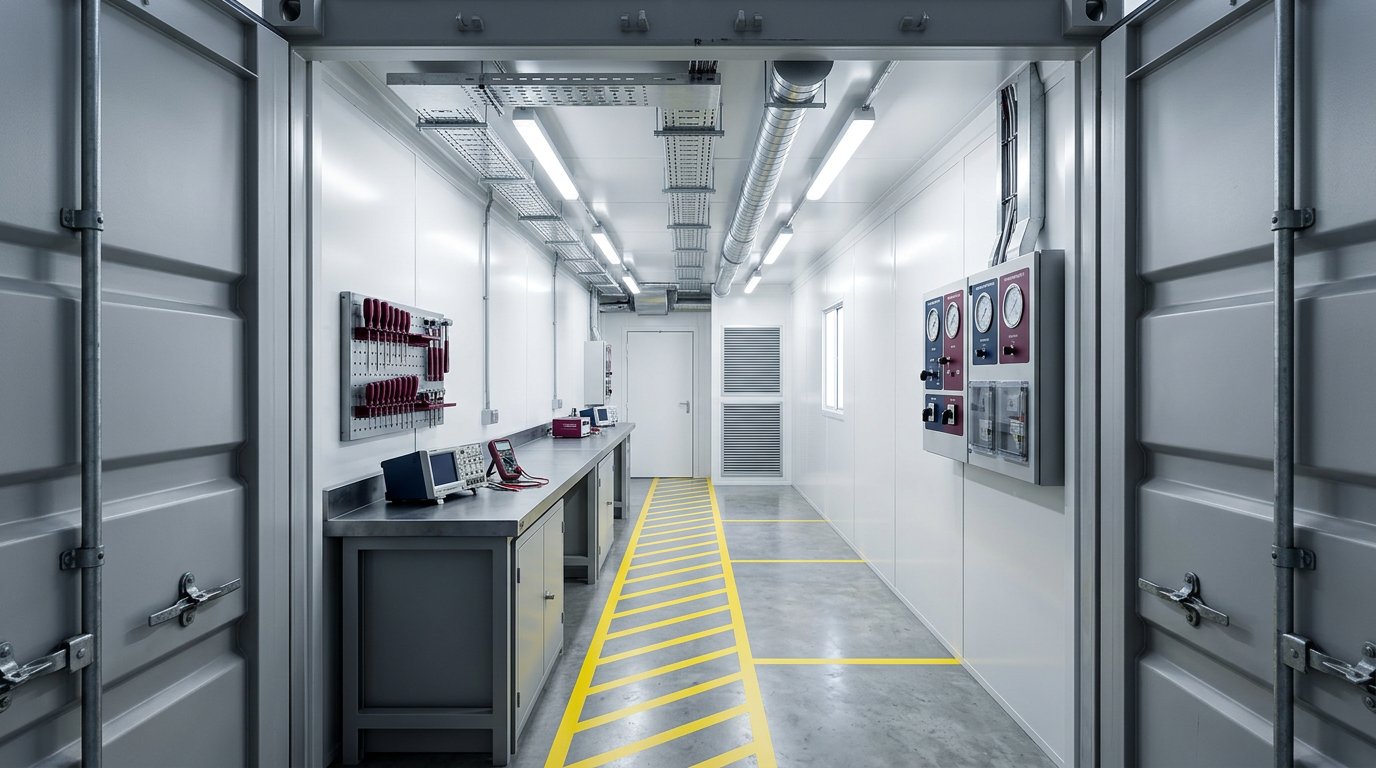 Modified container workspace or laboratory fitted with workbench equipment, overhead lighting and yellow safety aisle lines