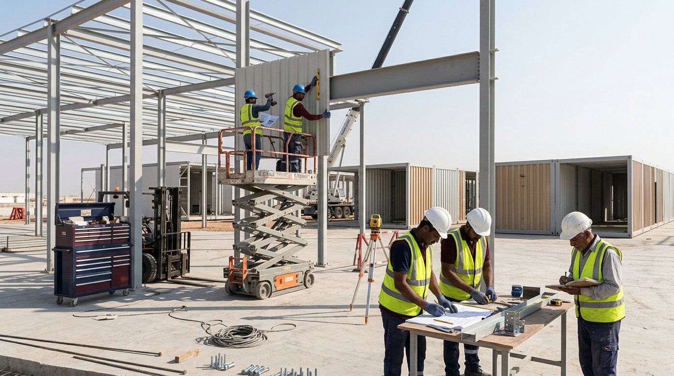 Workers assembling a long modular facility frame with connected steel bays on an open construction site