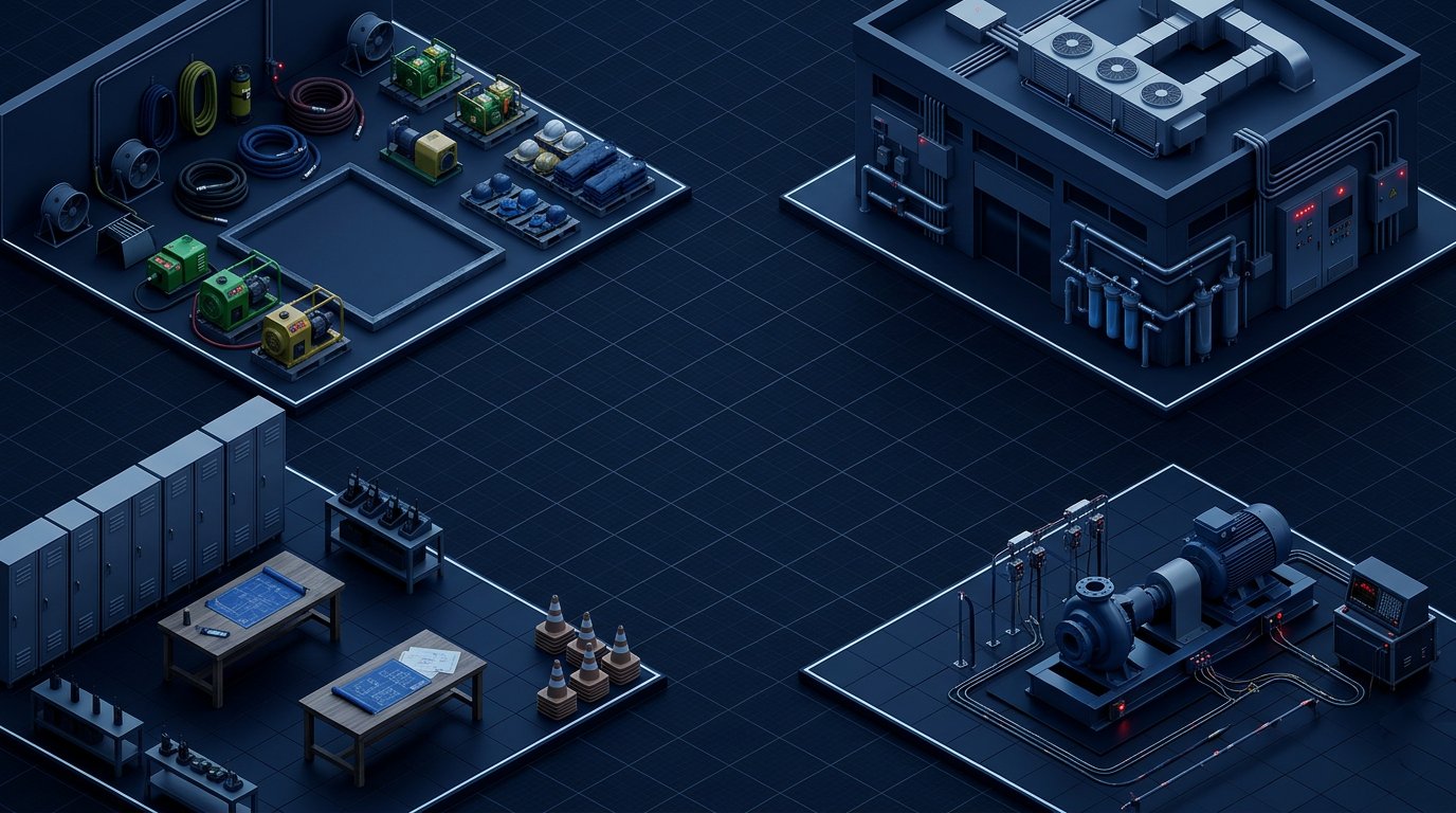 Isometric 3D map of process equipment, HVAC systems, work areas and rotating machinery