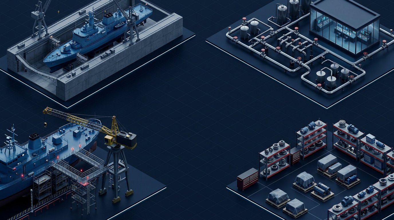 Isometric 3D map of vessel repair, process piping, maintenance work and parts-supply zones