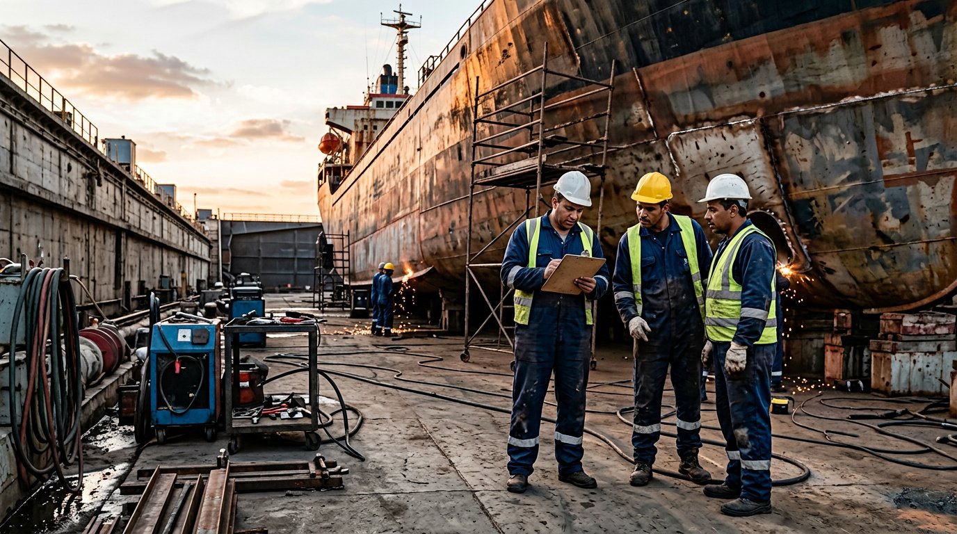 Ship repair crew working beside a vessel in a dry dock